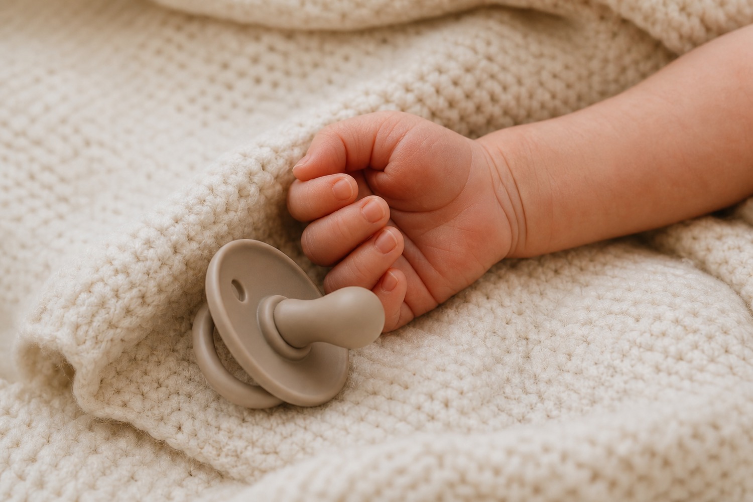 Kleine newborn fopspeen naast de handjes van een pasgeboren baby